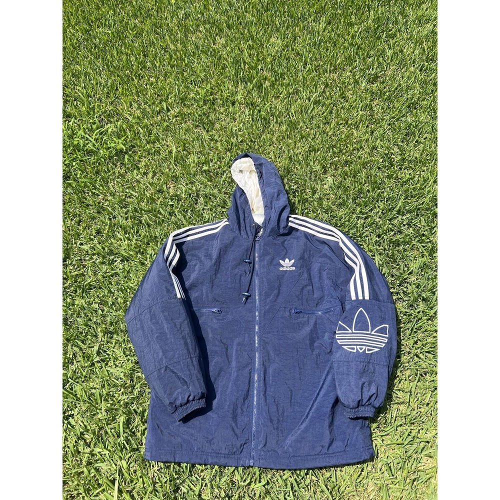 Vintage 90s Adidas Trefoil 3 Stripe Jacket Mens Medium Puffer Coat Navy Blue